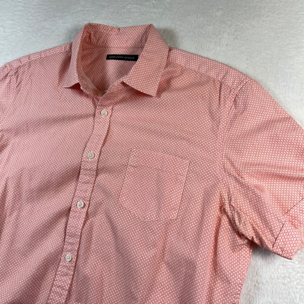 Saks Fifth Avenue Mens L Orange White Geometric Short Sleeve Button Down Shirte
